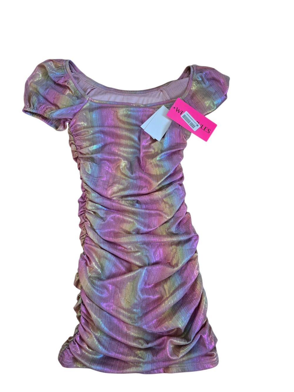 wild fable Iridescent Pink Multicolor Ruched Puff-Sleeve Dress